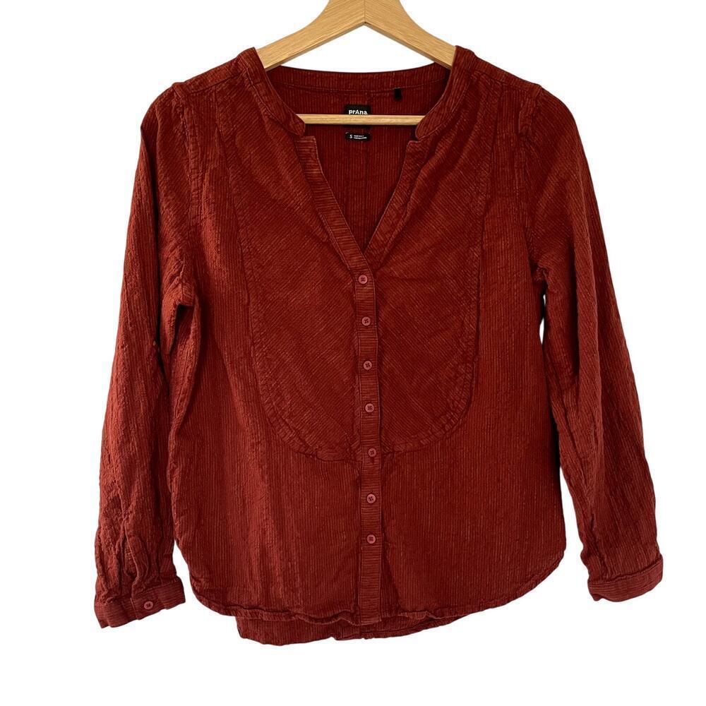 prAna red blouse v-neck style women's size small organic cotton shirt casual top